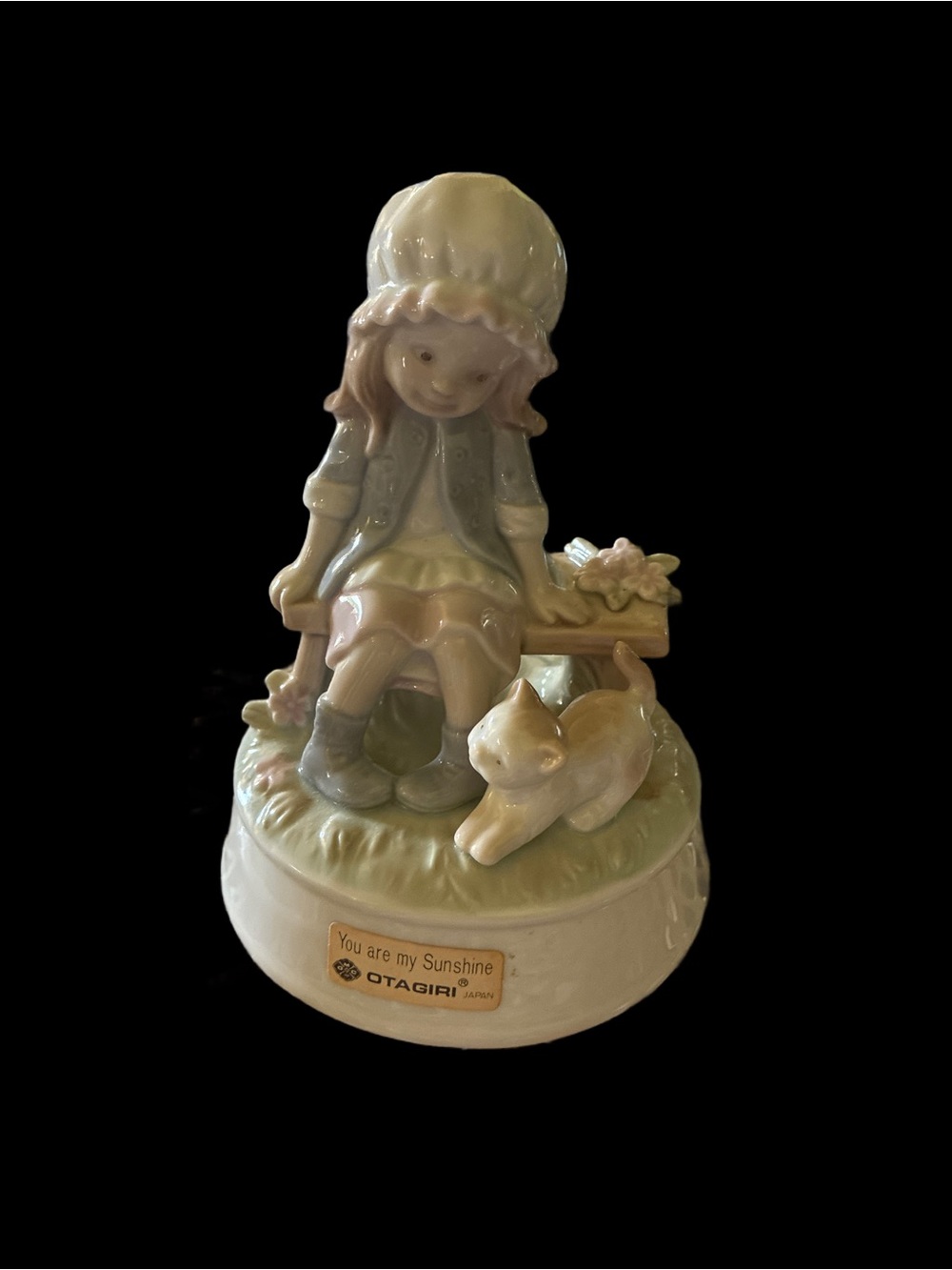 Otagiri Pastel Girl and Cat Figurine in Soft Green and Cream